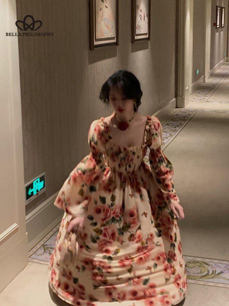 Французское винтажное платье миди, женское повседневное вечернее платье с длинным рукавом, элегантное синее весеннее пляжное цельное платье, корейская мода