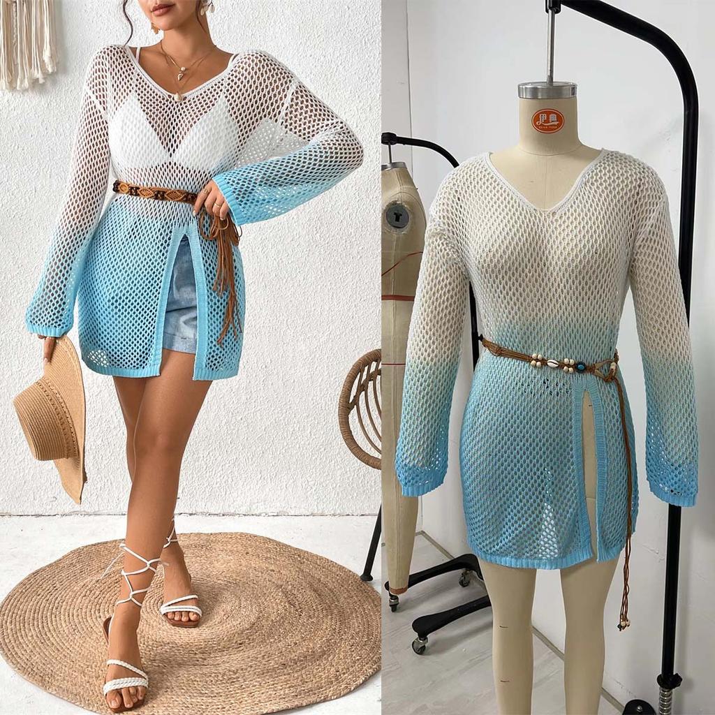 Женский открытый сексуальный бикини внешний градиент пляжный пуловер с длинным рукавом накидка