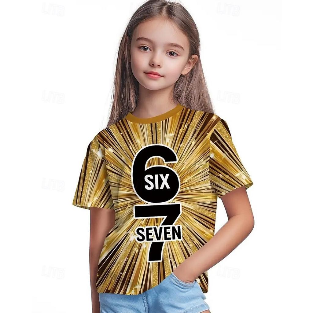 Модная Детская Футболка для Девочек Мечтательная Милая 67 SIX SEVEN Принт Градиент 3D Цифровой Короткий Рукав Топ Летний Повседневный Одежда для Девочек
