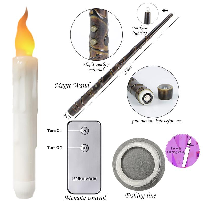 Halloween LED Taper Candle Flameless Candles with Magic Wand Flickering Warm Light Remote Control Christmas Party Decoration