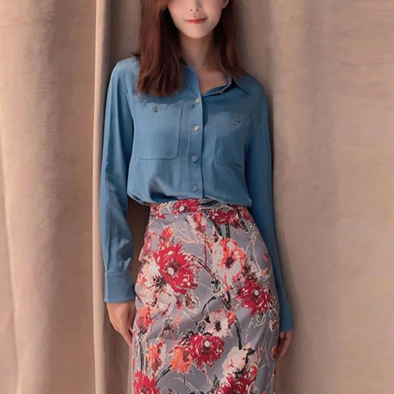 Mall 1116 Spring and Autumn Women's New Versatile Satin Pocket Long Sleeve Casual Shirt 1111118