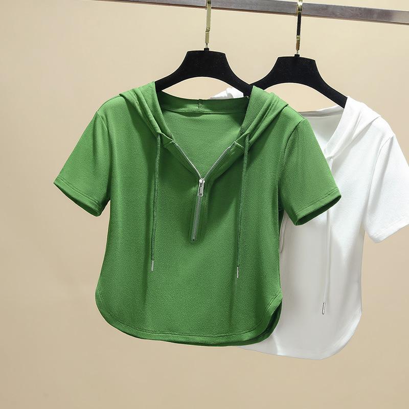 Футболка с короткими рукавами для женщин, летняя новая женская однотонная футболка с закругленным подолом, короткая застежка-молния с капюшоном