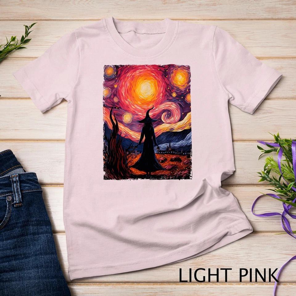 Witch Halloween Pink Breast Cancer Starry Night Van Gogh Art Unisex T-shirt 5