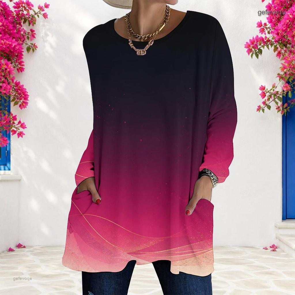 Women Plus Size Round Neck Long Sleeve Gradient Printed Loose Longline T Shirt With Pockets
