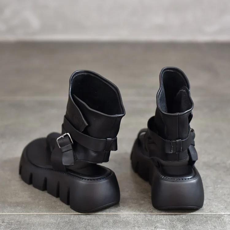 Johnature Peep Toed Thick Soled Women's Sandals Genuine Leather Belt Buckle Roman Platform Shoes