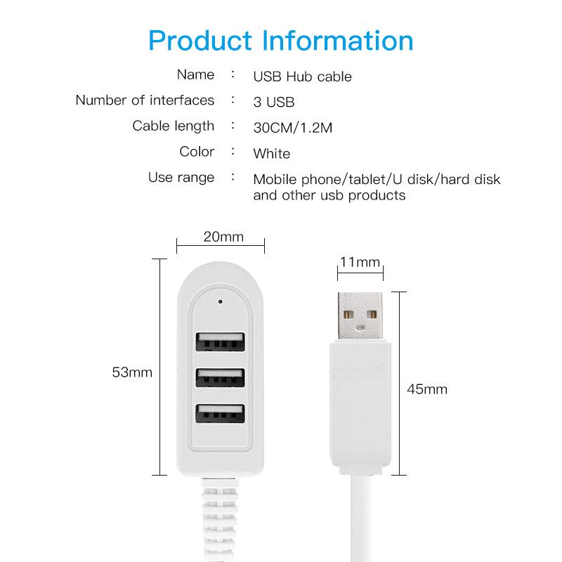 FONKEN 3 Port USB Hub Extend Cable Data Transfer Device Charging USB Adapter 1.2m USB 2.0 Splitter Laptop PC Computer USB Extender