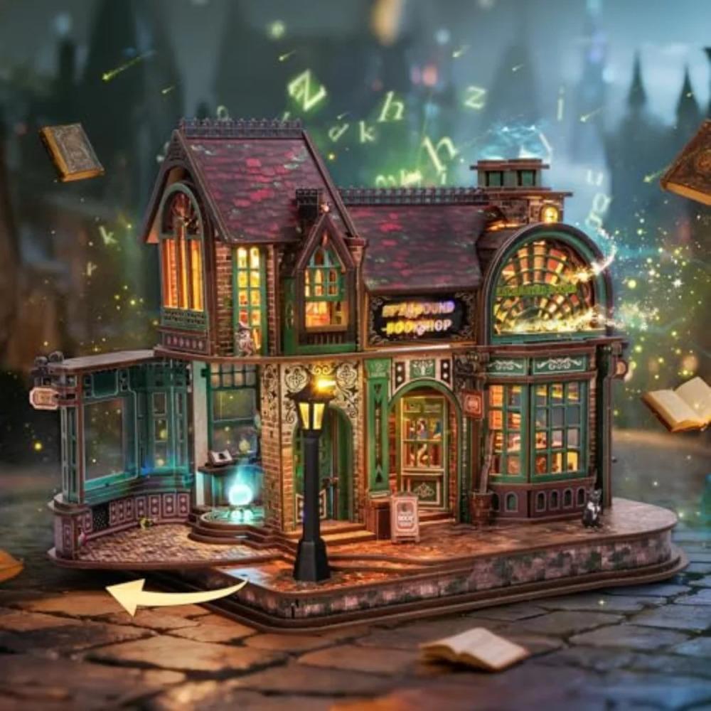 3D деревянная головоломка «Волшебный книжный магазин» со светодиодной подсветкой - Миниатюрный набор «Сделай сам» для домашнего декора, Заколдованная книжная лавка в теплом коричневом цвете,