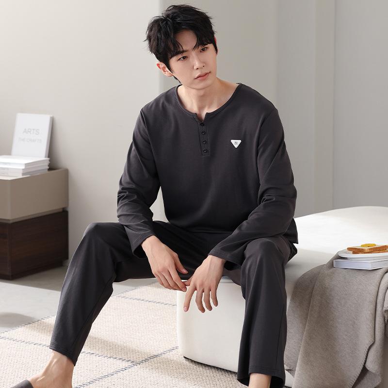 Pajamas Men'S Pure Cotton Long-Sleeved Spring And Autumn Casual Pullover High-End Simple Loungewear Large-Size Set