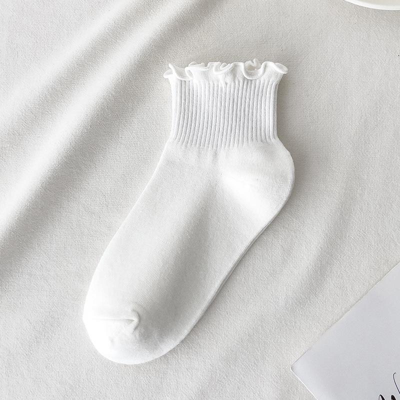Хлопковые носки женские INS Мода Летние Милые Каваи Однотонные Роскошные Корейские Японские Рюши До щиколотки Девушка Весна Черные Белые Средней длины