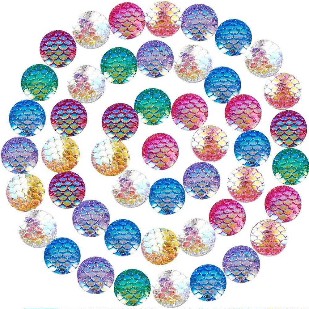 10/20/30pcs12mm Flat Back Mermaid Fish Scale Resin Cabochons Round Iridescent Sparkly Glitter Cabs for DIY Earring Bracelet Necklace Jewelry Making