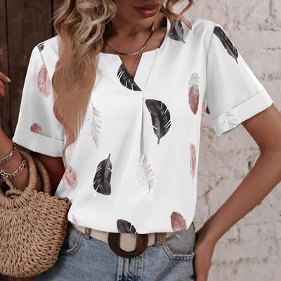 Летняя блузка с v-образным вырезом и коротким рукавом, 2023 г., женская футболка с принтом перьев, винтажные свободные элегантные повседневные женские рубашки Blusas 26556