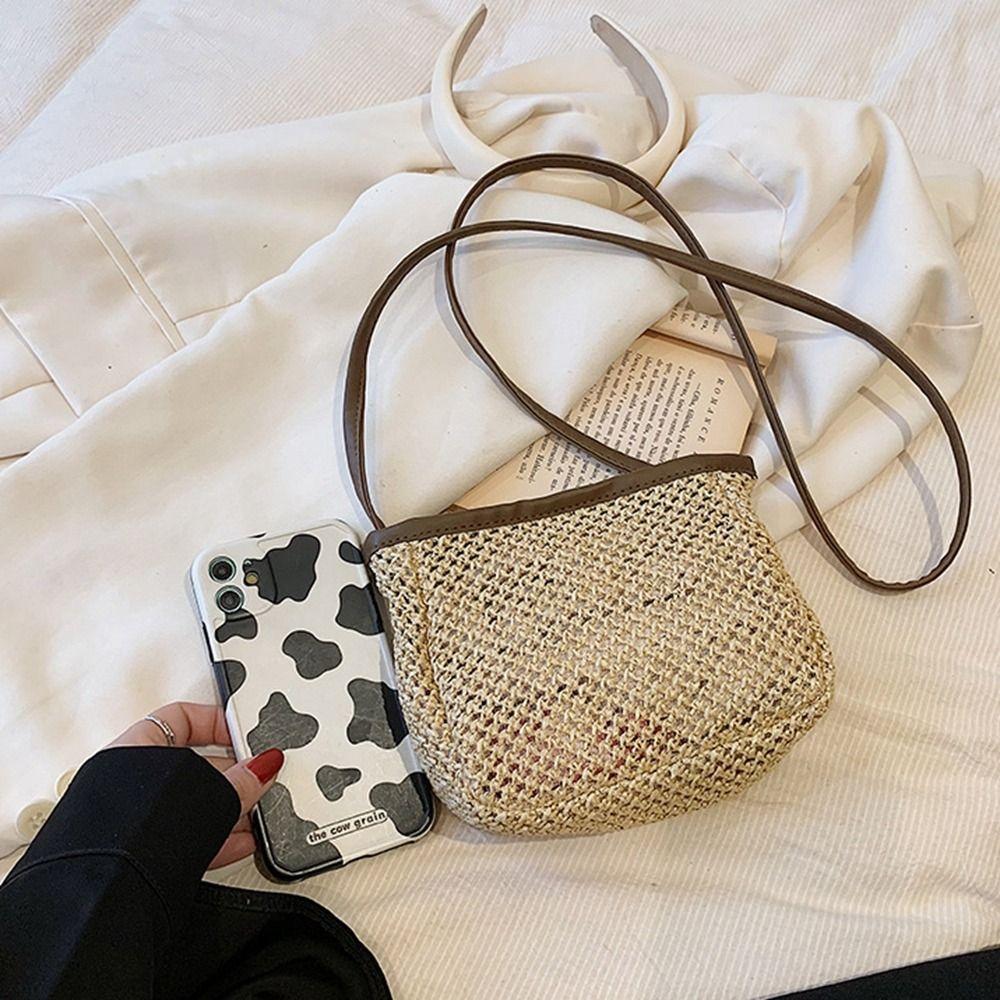 Hollow Out Raffia Bag Pu Leather Weave Straw Crossbody Bag Casual Girls