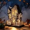 Погружающая световая рождественская фигурка, 3D-фигурка дома с привидениями из Хэллоуинской деревни, жуткий светящийся деревянный орнамент-замок, праздничное оформление интерьера