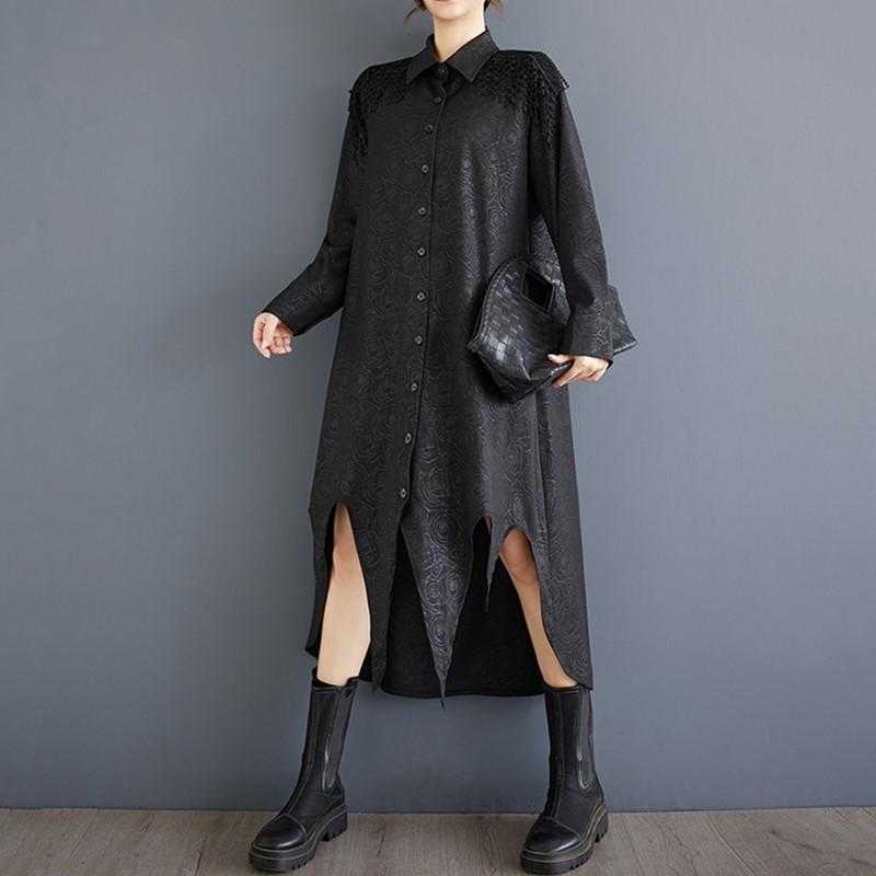 Длинный рукав Большие размеры жаккард черный винтажный цветочный новый в платьях для женщин повседневный свободный весна осень рубашка платье