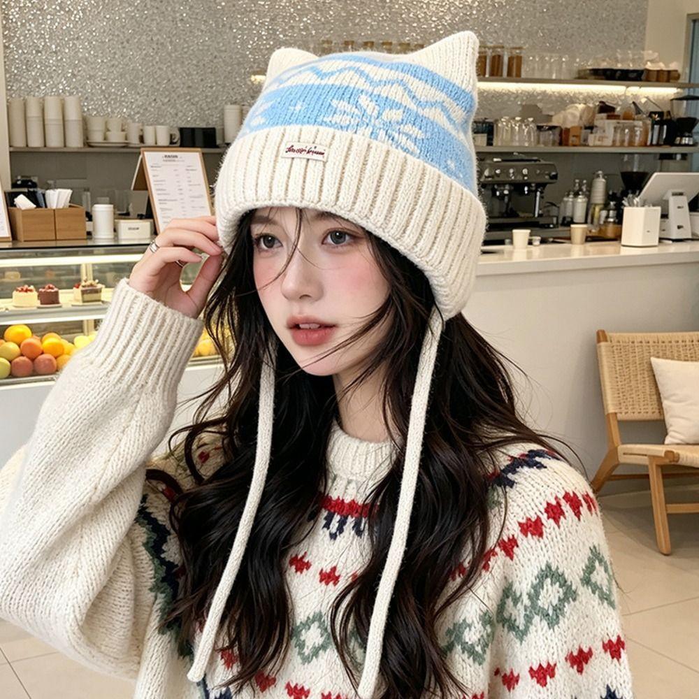 Fair Isle Pattern Knitted Beanie Hat Chin Strap Winter Beanie Hat Wool Blend Knit Hat  For Women