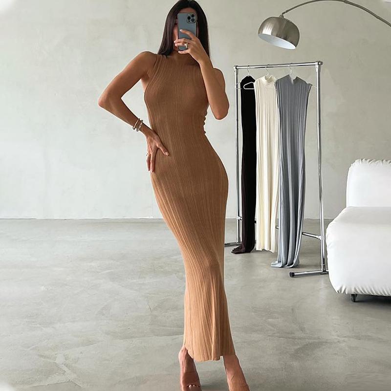 Knit Elegant Evening Dress Women High Waist Slim Sleeveless Bodycon Maxi Tank Dress Femme France Party High Collar Solid Knitted Dresses Woman