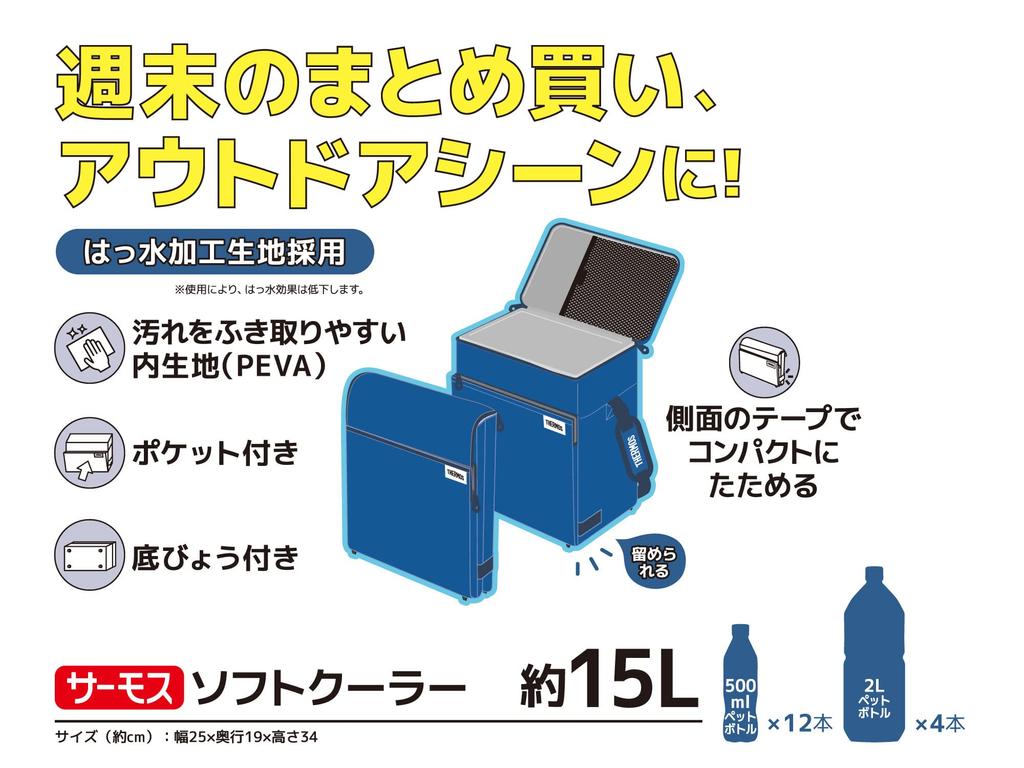 Thermos Soft Cooler 15L Blue BL Cooling Bag 5 Layer Insulation Structure Foldable and Compact Water Repellent Fabric Box Type Large Capacity Model