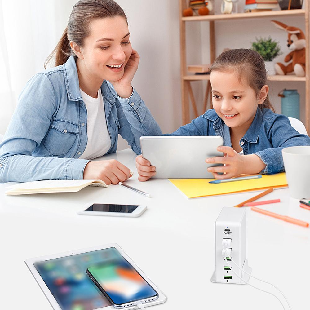 65 Вт 6-портовая зарядная станция USB C Многопортовый концентратор Портативное зарядное устройство PD3.0 и QC3.0 Fast USB C