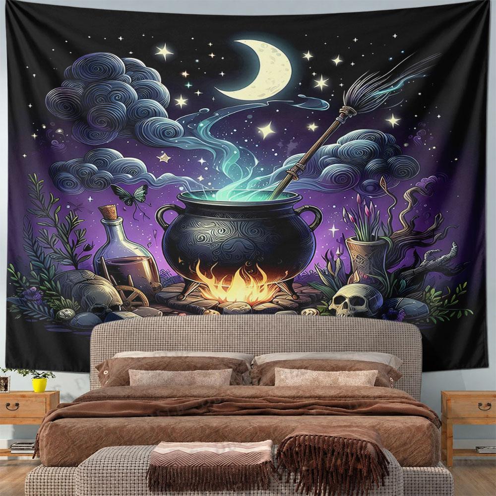 Mystical Moonlit Cauldron Scene Pattern Wall Hanging Tapestry Decorative Tapestry Home Decor for Bedroom and Living Room