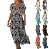 Summer Dress Women's Long Boho Beach Dress Elegant Maxi Dress V-Neck Short Sleeve Summer Tunic Dress Light Airy