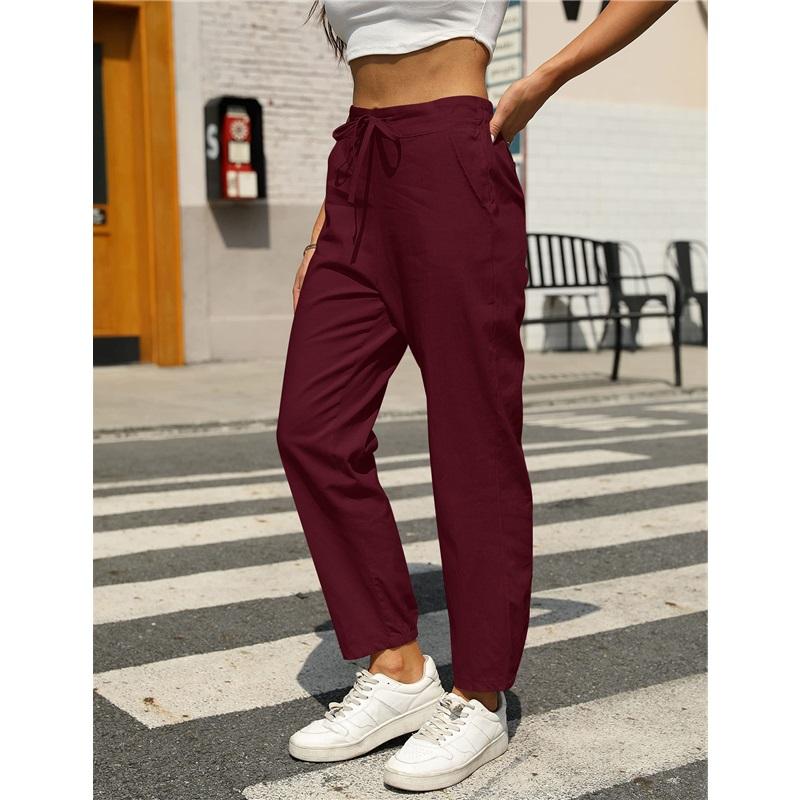 Casual Cotton Linen Drawstring Trousers For Women Comfortable Elastic Waist Long Pants Fashionable Lightweight Ladies Bottoms