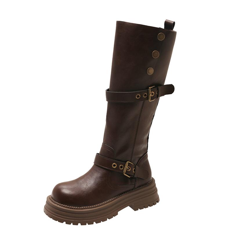 Мода Осень Зима Платформа Толстая Подошва Женские Сапоги до Колена Обувь Дамские Элегантные Пряжка Ремня Вестерн Ковбойские Ботас