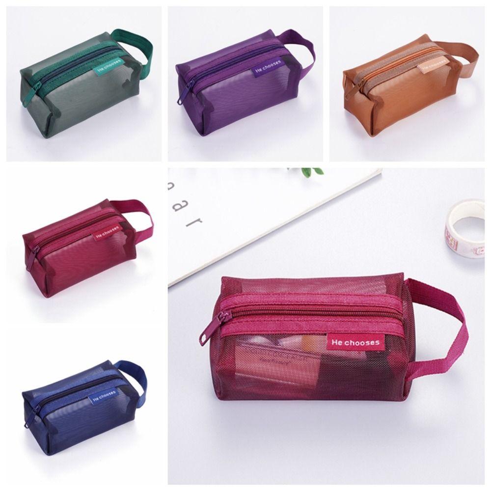 Retro Color Transparent Cosmetic Bag Zipper Toiletry Storage Bag Cute Mesh Makeup Bag Lady