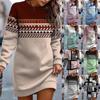 Осенний принт, контрастный круглый вырез, свитер для женщин, платье с длинными рукавами