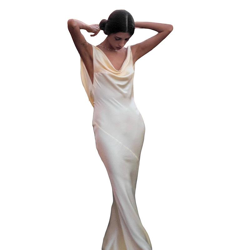 Women Fashion Outfits Sleeveless Gown Spaghetti Strap Sexy Backless Satin Slip Maxi Dress