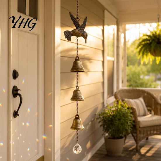 Patio Balcony Decorations Vintage Hummingbird Wind Chime, Metal Hanging Ornament with Bells & Crystal Relaxing Sound Chimes Suncatcher, Rustic Garden
