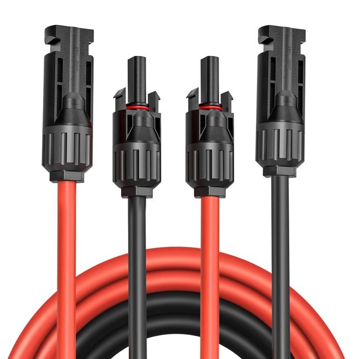 Câble extension solaire MC4 mâle/femelle AWG12 (4 mm²) 2x5m - Rouge/Noir, IP67, ≤100W