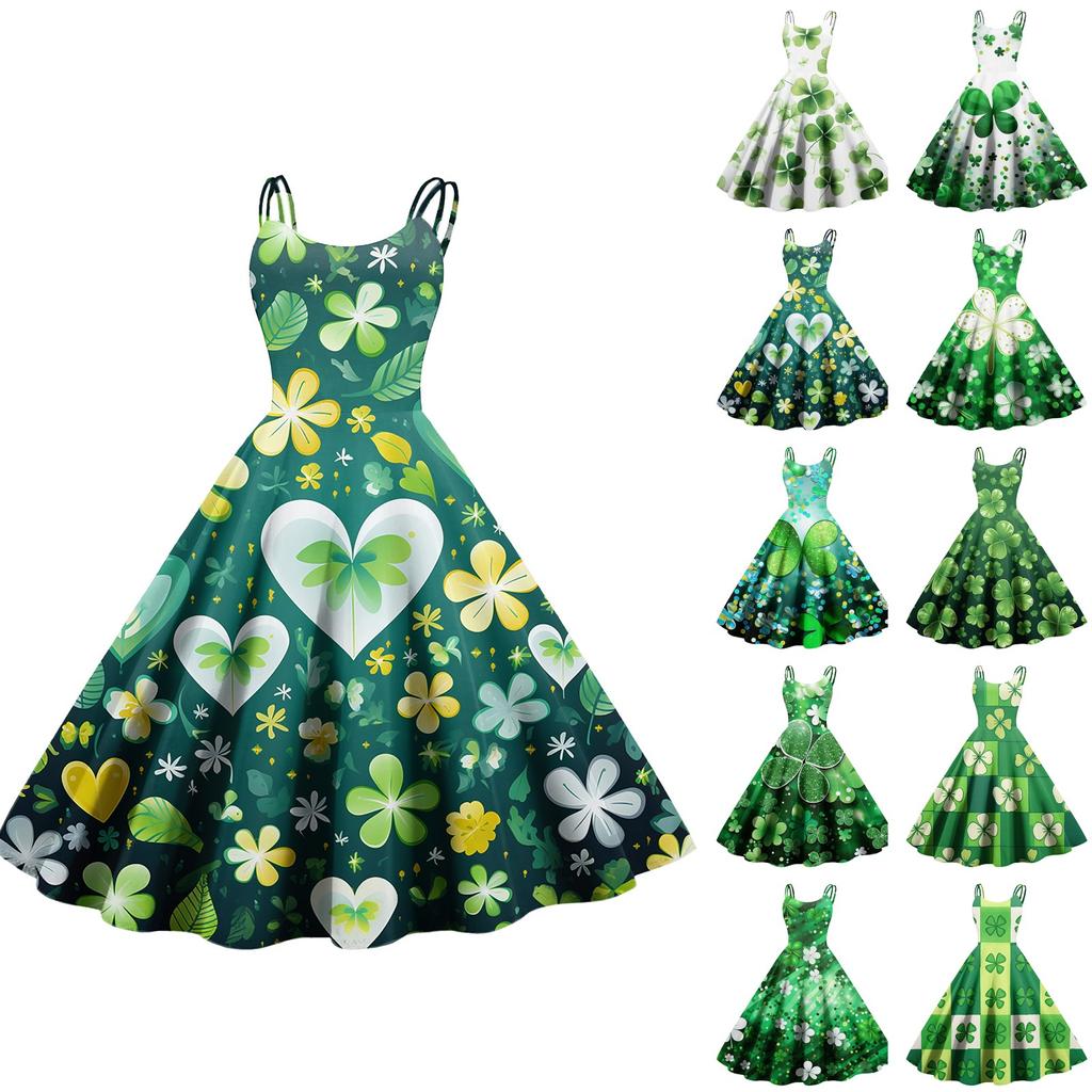 Женская мода ул.. Сексуальное винтажное платье с открытыми плечами с принтом ко Дню Святого Патрика