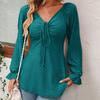 Women's Clothing Long Sleeve Girdle Drawstring Solid Color T-shirt V-neck
