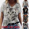 Женские топы с v-образным вырезом и короткими рукавами, серые топы с принтом кошек, свободная футболка, повседневная блузка