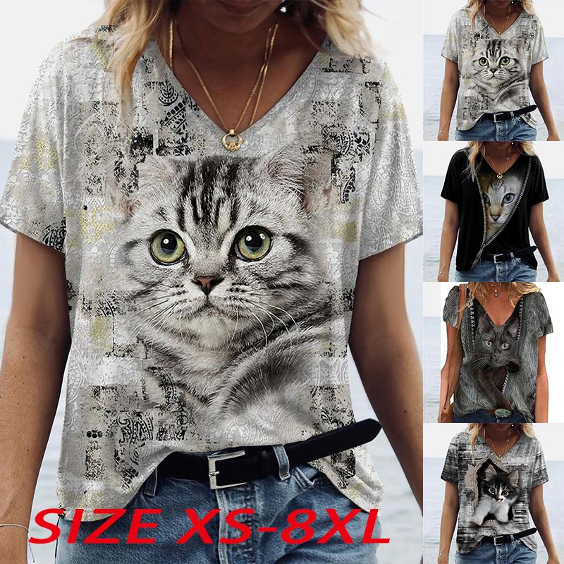 Женские топы с v-образным вырезом и короткими рукавами, серые топы с принтом кошек, свободная футболка, повседневная блузка