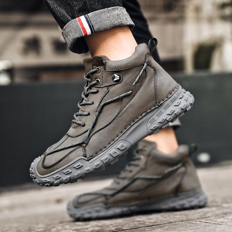 38-46 Модные зимние ботинки для мужчин, плюшевые кожаные ботинки с ручным швом, высокие походные ботинки, нескользящие, теплые, мужские ботинки, большие