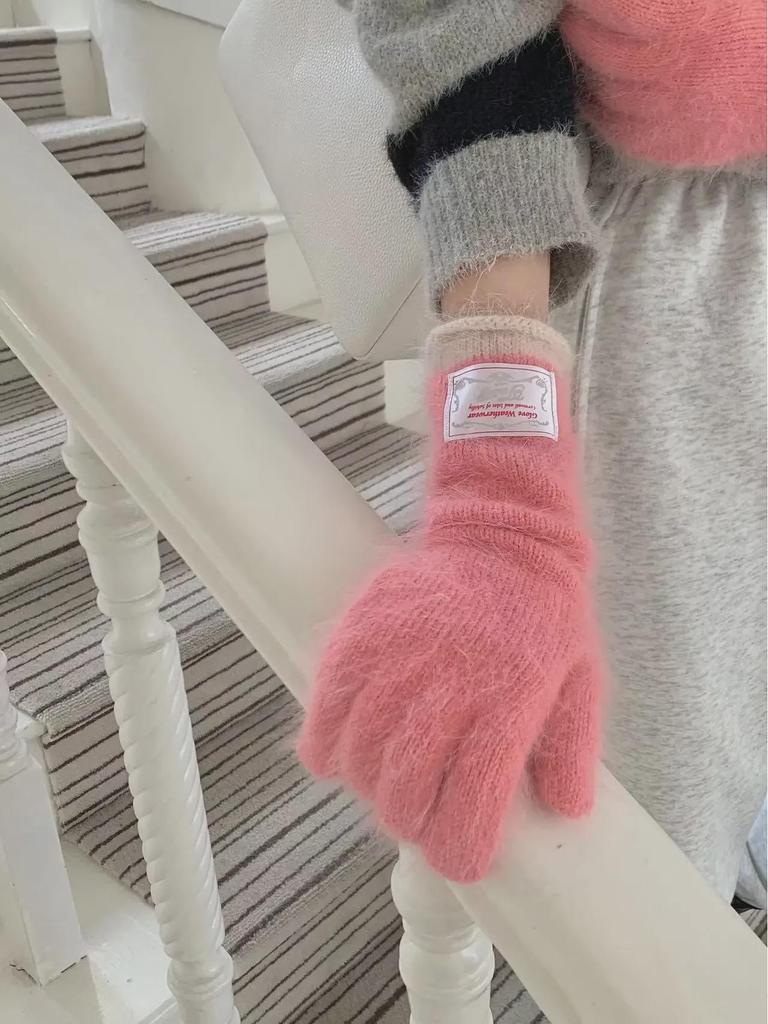 Women's Korean Style Colorblock Wool Long Gloves - Warm, Windproof, Five-Finger Design for Winter Cycling