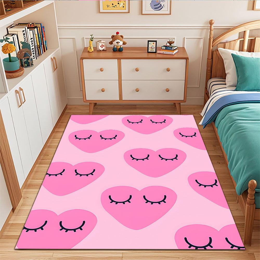 Pink Hearts with Sleeping Eyes Pattern Patterned carpet, suitable as a non slip play mat for the living room and bedroom sofa