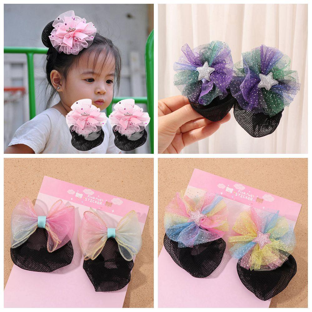 2PCS Spring Clip Girls Elastic Hair Net Fashion Headdress Korean Bun Snood Ballet Hair Net Kids