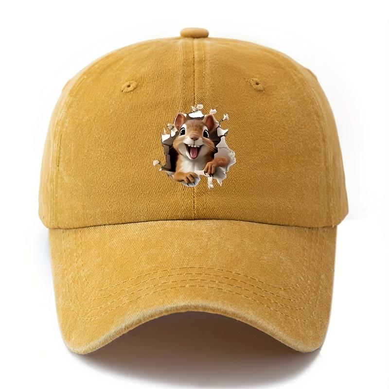 Cartoon Squirrel Print Retro Washed Lightweight Curved Brim Hat Suitable for Outdoor Vacation, Travel, Camping Truck Driver Hat