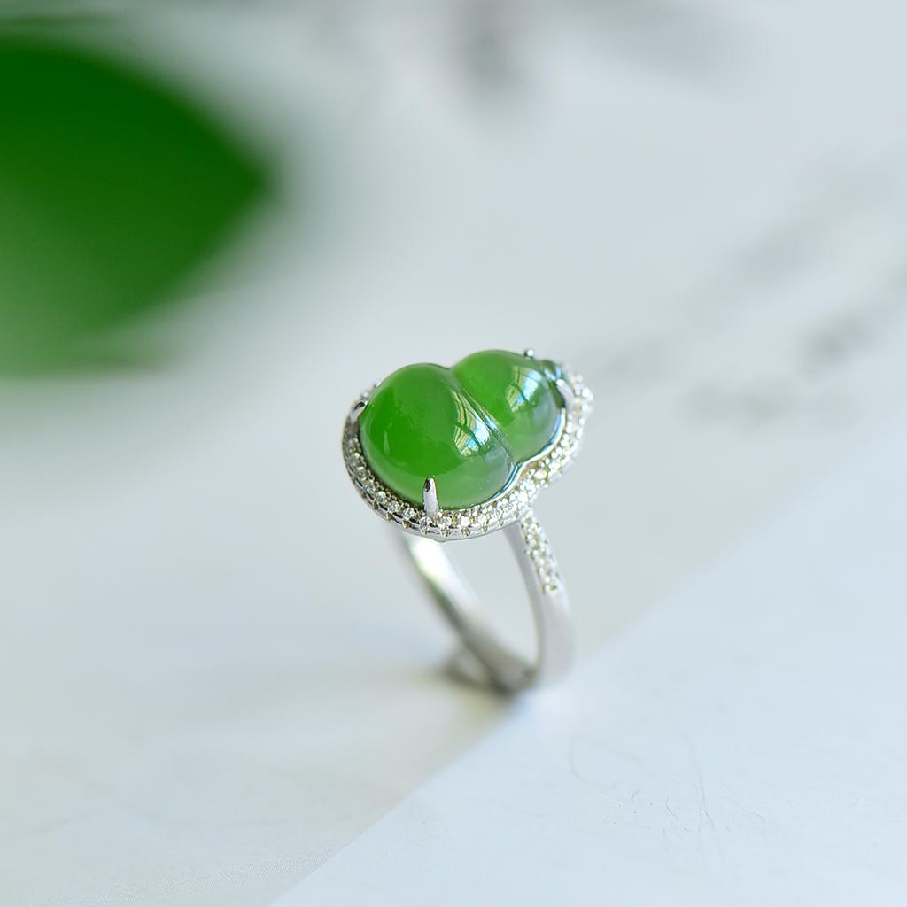 Xinjiang Hotan Jade S925 Silver Spinach Green Jasper Open Mouth Gourd Fulu Ring