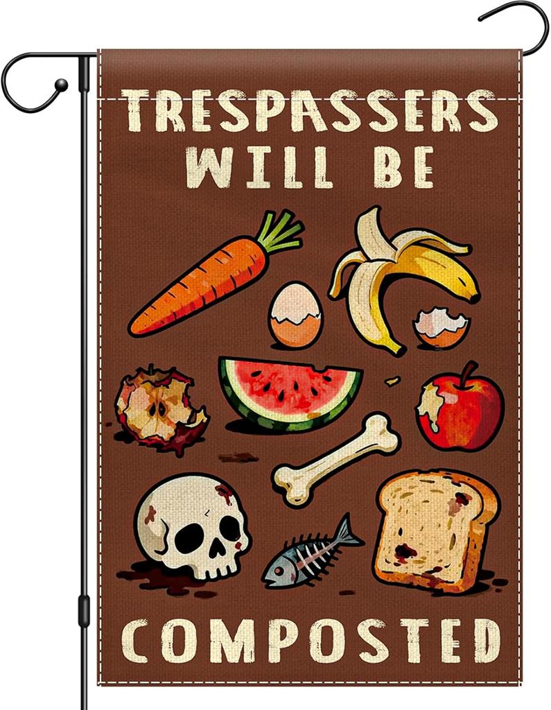 Trespassers Will Be Composted Garden ag 12x18 Inch Double Sided, Funny Skeleton Halloween Yard Sign for Outside, Vintage R EEZ