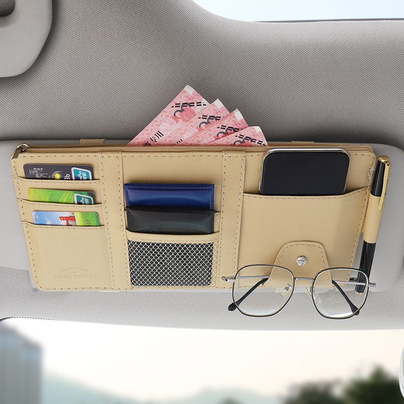 Car Glasses Storage PU Leather Multi-Function Sun Visor Point Organizer Storage Pocket Auto Sunglasses Holder Cards Organizer