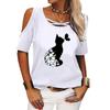 Женская повседневная футболка с открытыми плечами, летняя и осенняя футболка с круглым воротником и короткими рукавами, женская модная футболка с принтом кота