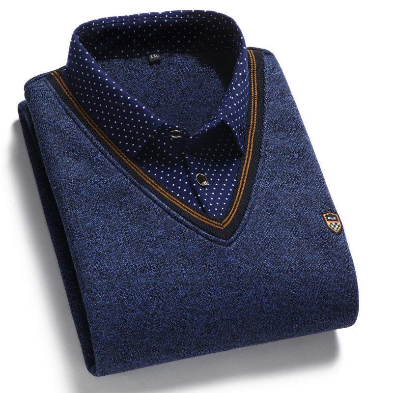 Мужской флисовый двухпредметный свитер с воротником-рубашкой для среднего и пожилого возраста