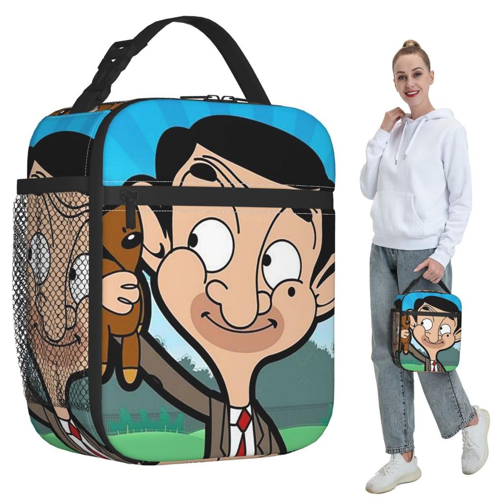 Mr. Bean Cartoon Insulated Lunch Bag for Women Office Cooler Thermal Food Box Tote Portable Lunch Boxes Container