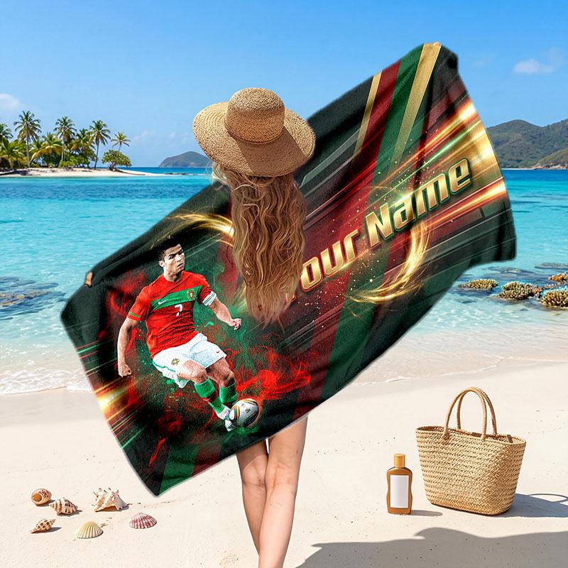 Cristiano Ronaldo Custom Beach Towel, Personalized Name Text Print, Football Logo Soft Quick‑Dry Towel Holiday Gift