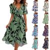 Women's Loose Casual  V-Neck Flared Skirt Short Sleeved Printed Dress Printed Dress