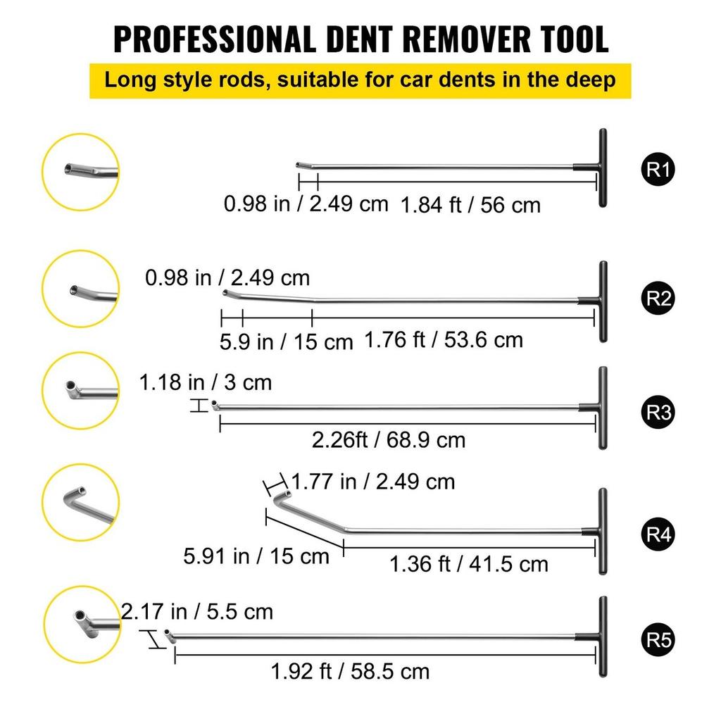 Rods Dent Removal Kit, 13 Pcs Paintless Dent Repair Tool, 5 Pcs Stainless Steel Dent Rods, 8 Pcs Tapper Heads, Professional Hail Dent Removal Tool for