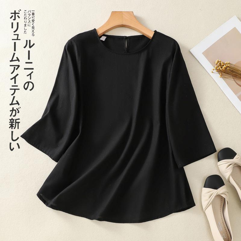 1116 pullover loose round neck versatile solid color top temperament casual linen shirt